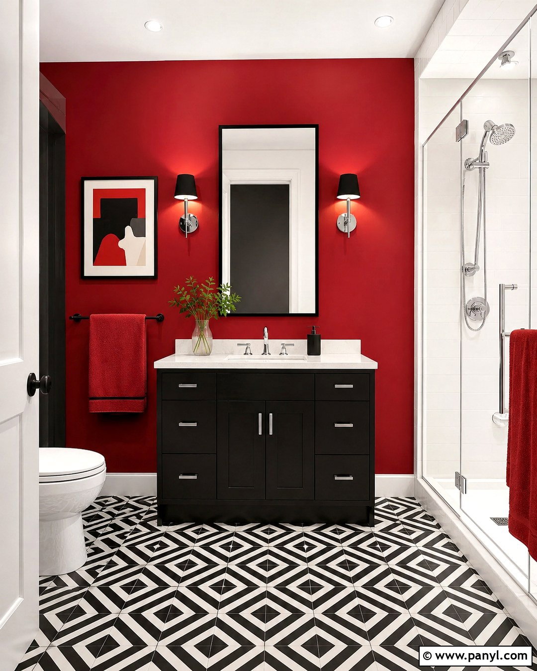 Crimson Accent Bathroom Wall - 20 Colorful Bathroom Walls