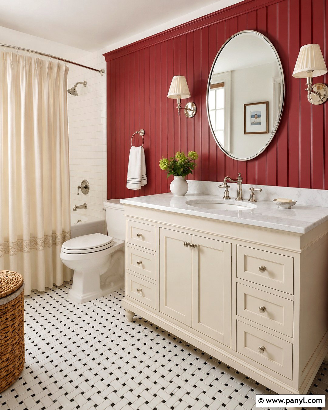 Crimson Beadboard Bathroom Wall - 20 Red Accent Wall Bathroom Ideas