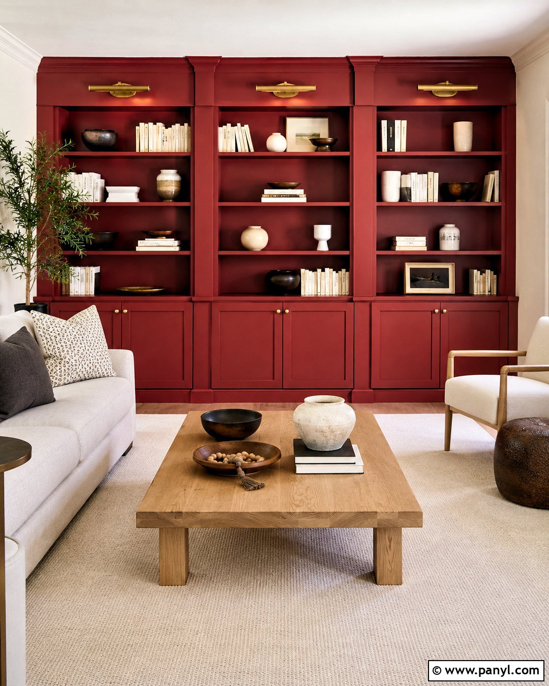 Crimson Red Built-In Bookcase Wall - 20 crimson red wall paint ideas