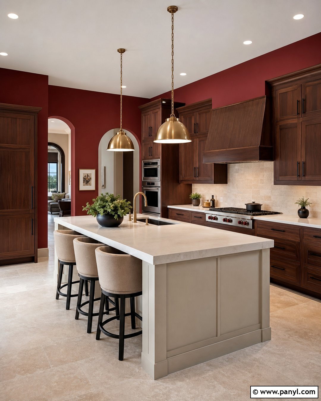 Crimson Red Kitchen Walls With Walnut Cabinets - 20 Red Kitchen Wall Color Ideas