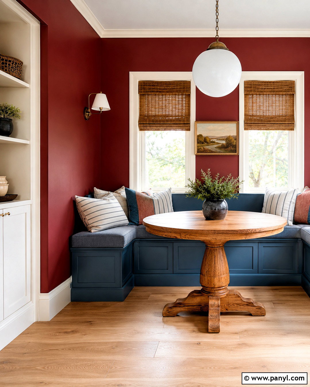 Crimson Walls With Dusty Blue Seating - 20 crimson walls