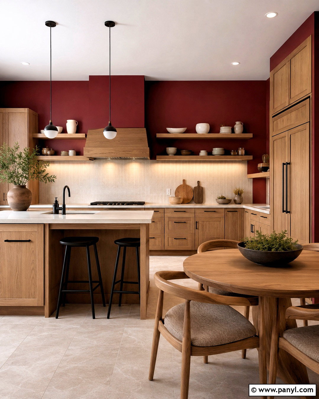 Crimson Walls With Light Oak Cabinets - 20 crimson walls