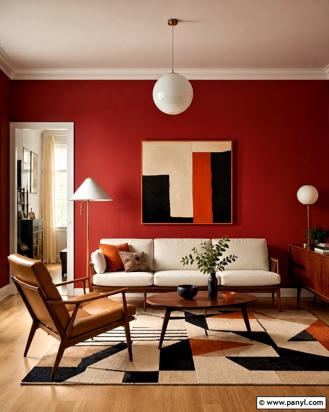 Crimson Walls With Midcentury Furniture - 20 crimson walls