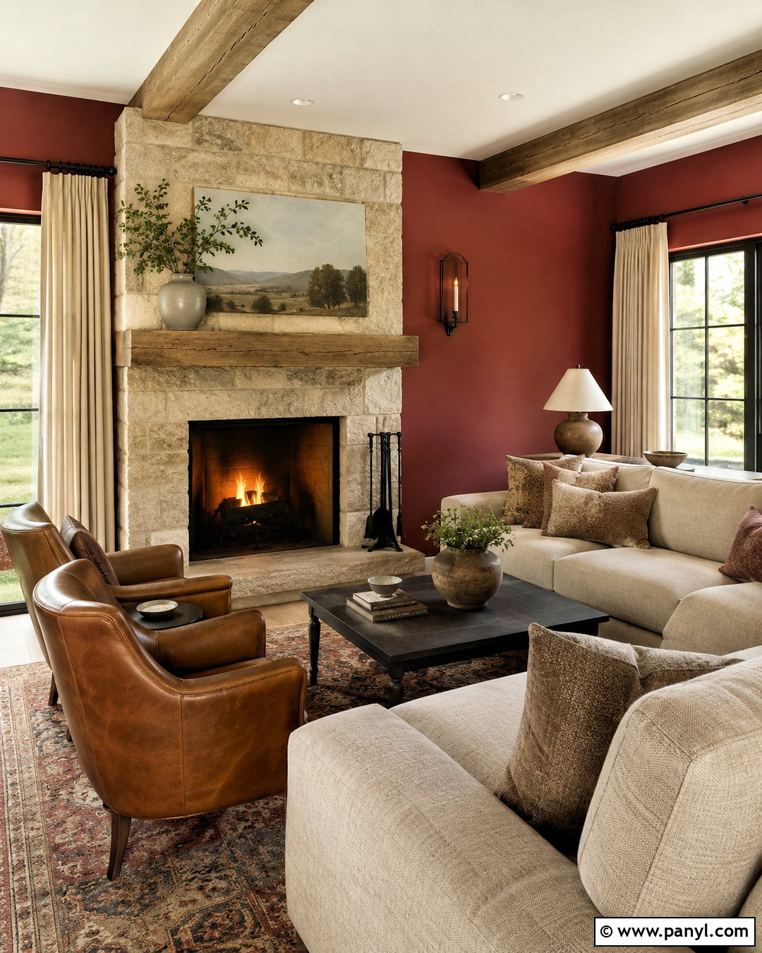 Crimson Walls With a Stone Fireplace - 20 crimson walls