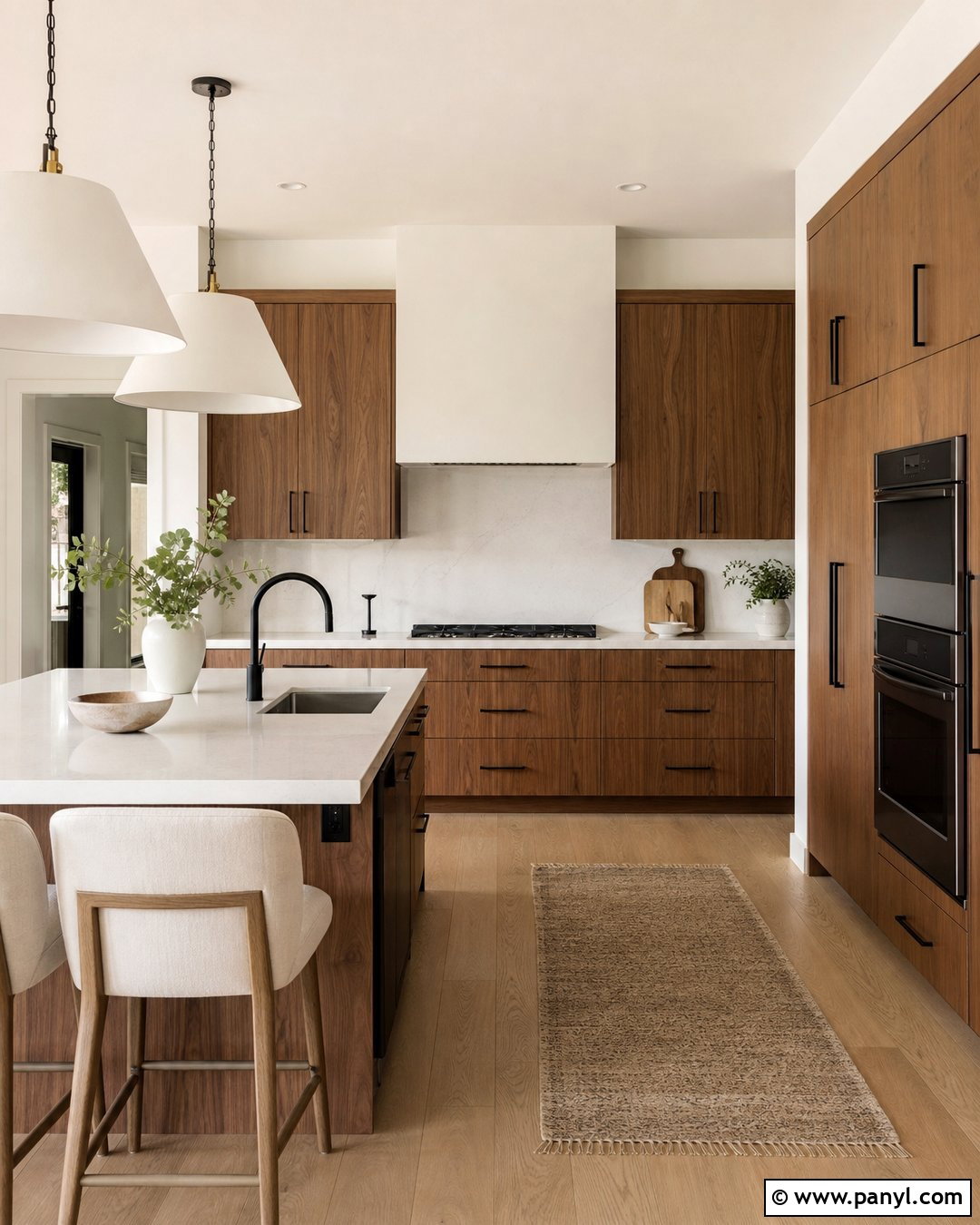 Crisp White Kitchen Walls With Walnut Cabinets - 25 Kitchen Wall Color With Natural Wood Cabinet Ideas
