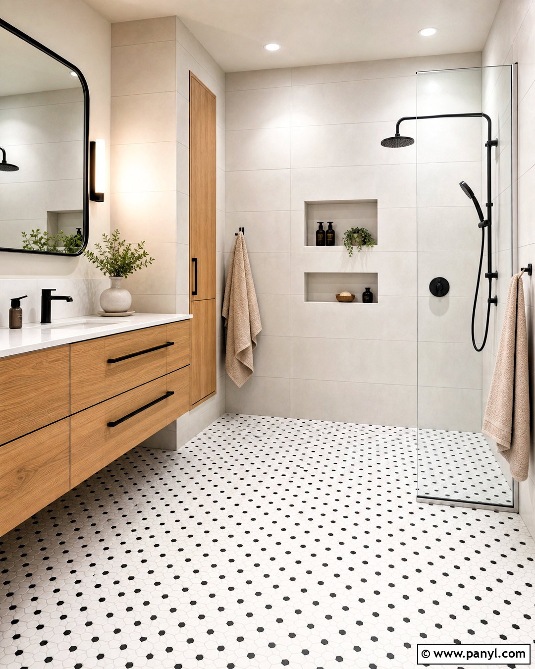 Curbless Shower With Black And White Tile Floor - 20 bathroom with black and white tile floor ideas