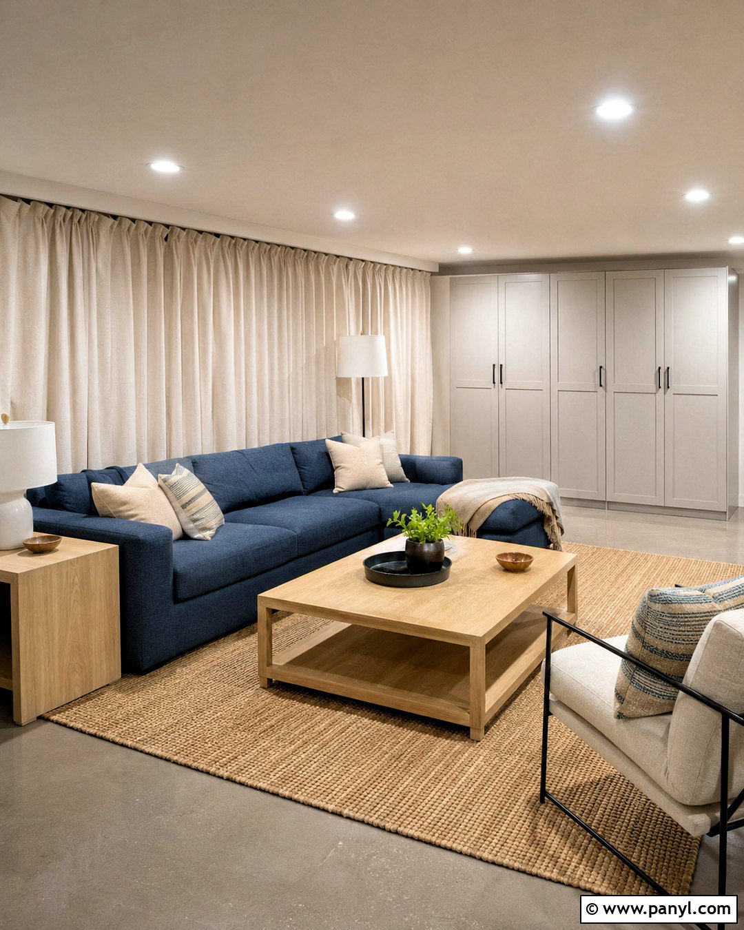 Curtain-Covered Basement Walls - 20 cheap basement wall ideas