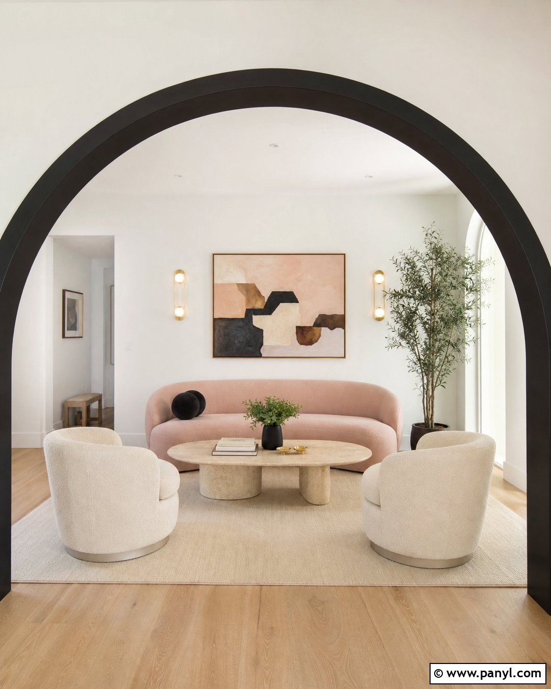 Curved Pink Couch With Black Arch Wall - 20 Pink Couch Black Wall Ideas