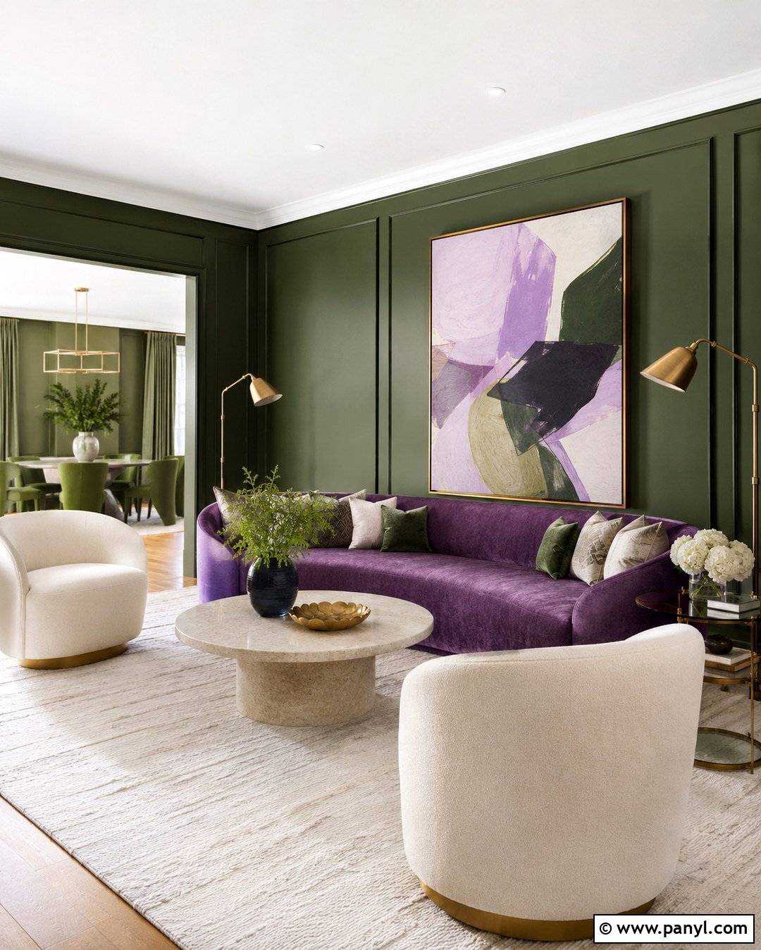 Curved Purple Sofa With Green Paneled Walls - 20 Purple Sofa Green Walls