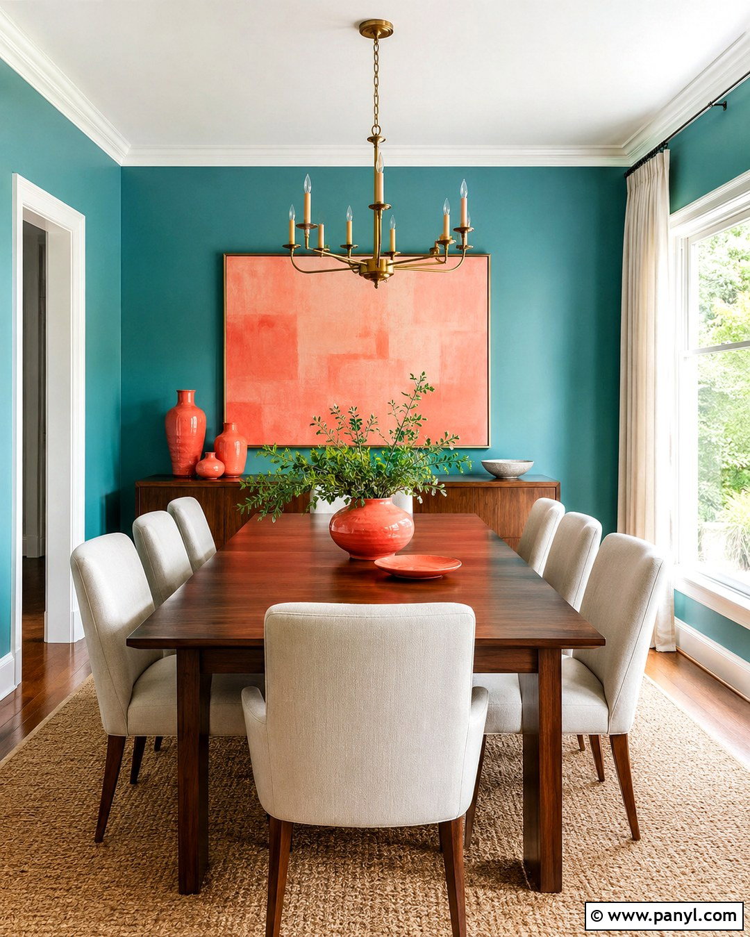 Cyan Dining Room With Coral Accents - 20 Cyan Wall Color Ideas