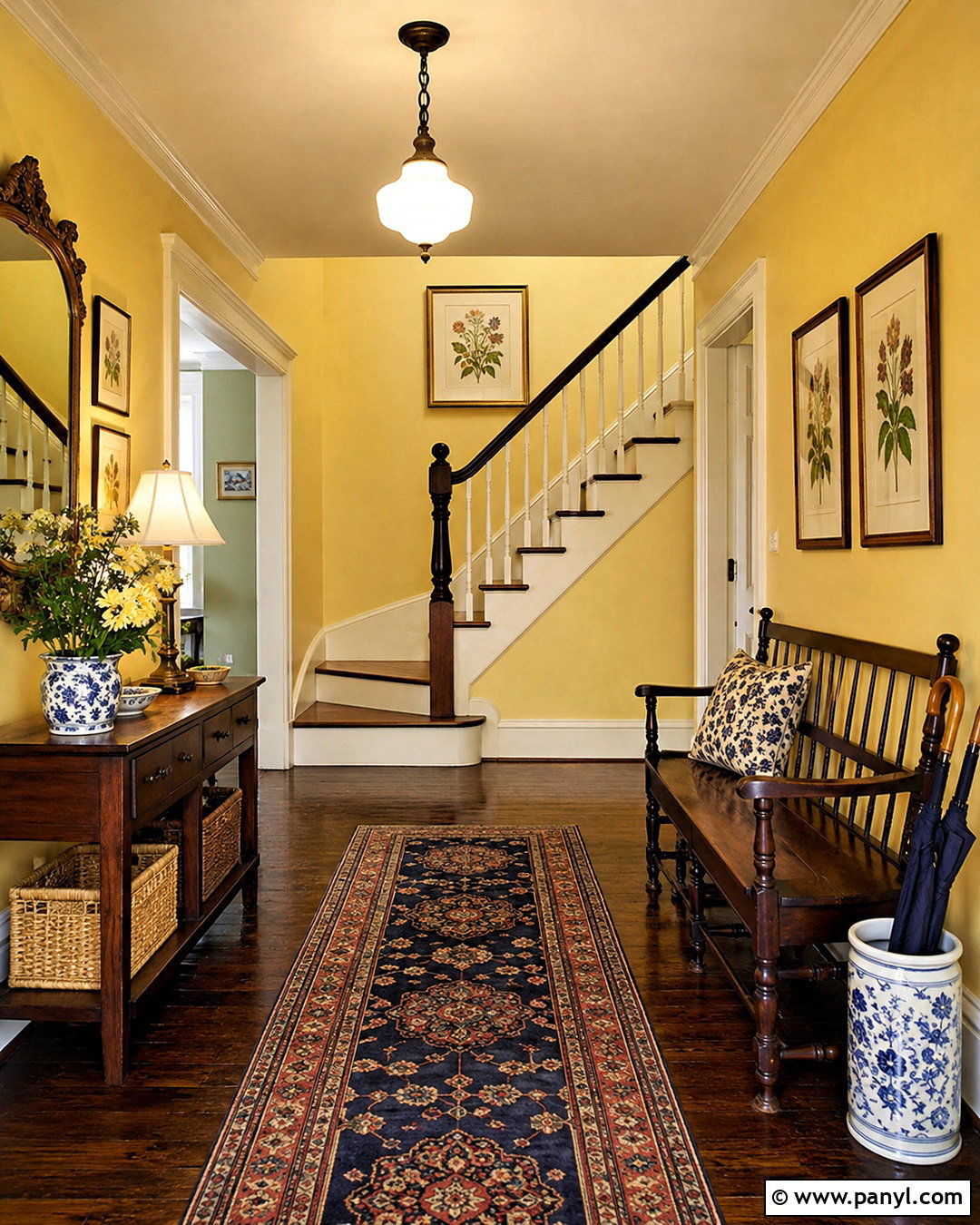 Daffodil Yellow Wall Vintage Entryway - 20 Yellow Wall Vintage Style Ideas