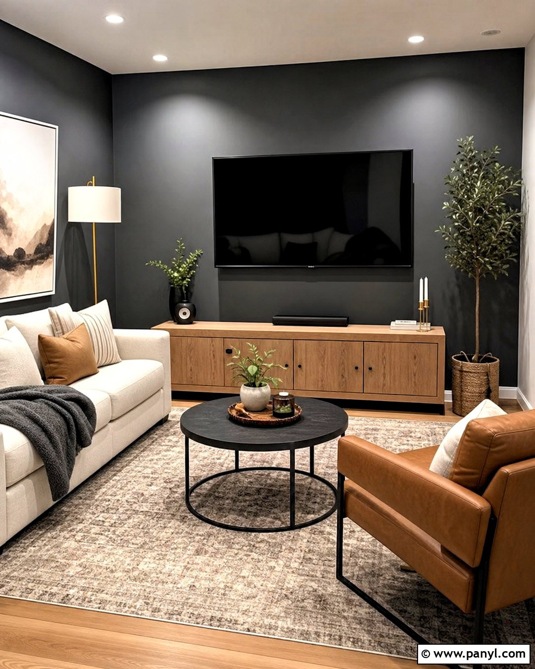 Dark Accent TV Wall With Low Cabinet - 20 small living room tv wall ideas