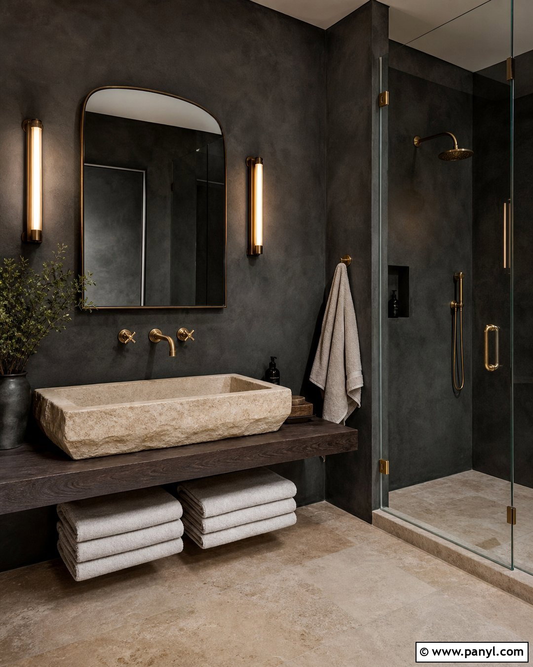 Dark Bathroom With Stone Sink - 20 Elegant Bathroom With Dark Walls