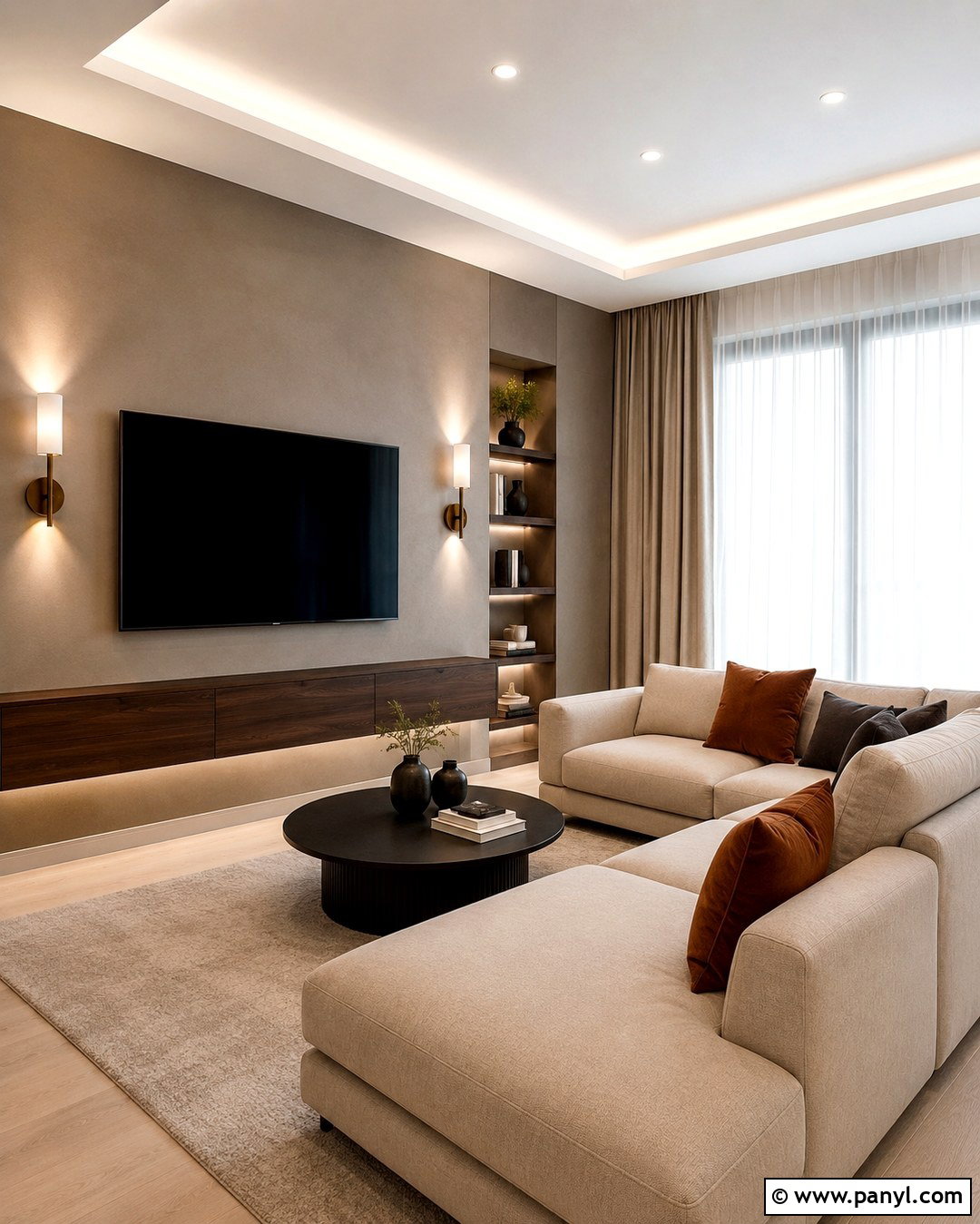 Dark Beige TV Feature Wall Living Room - 20 Beige Feature Wall Living Rooms