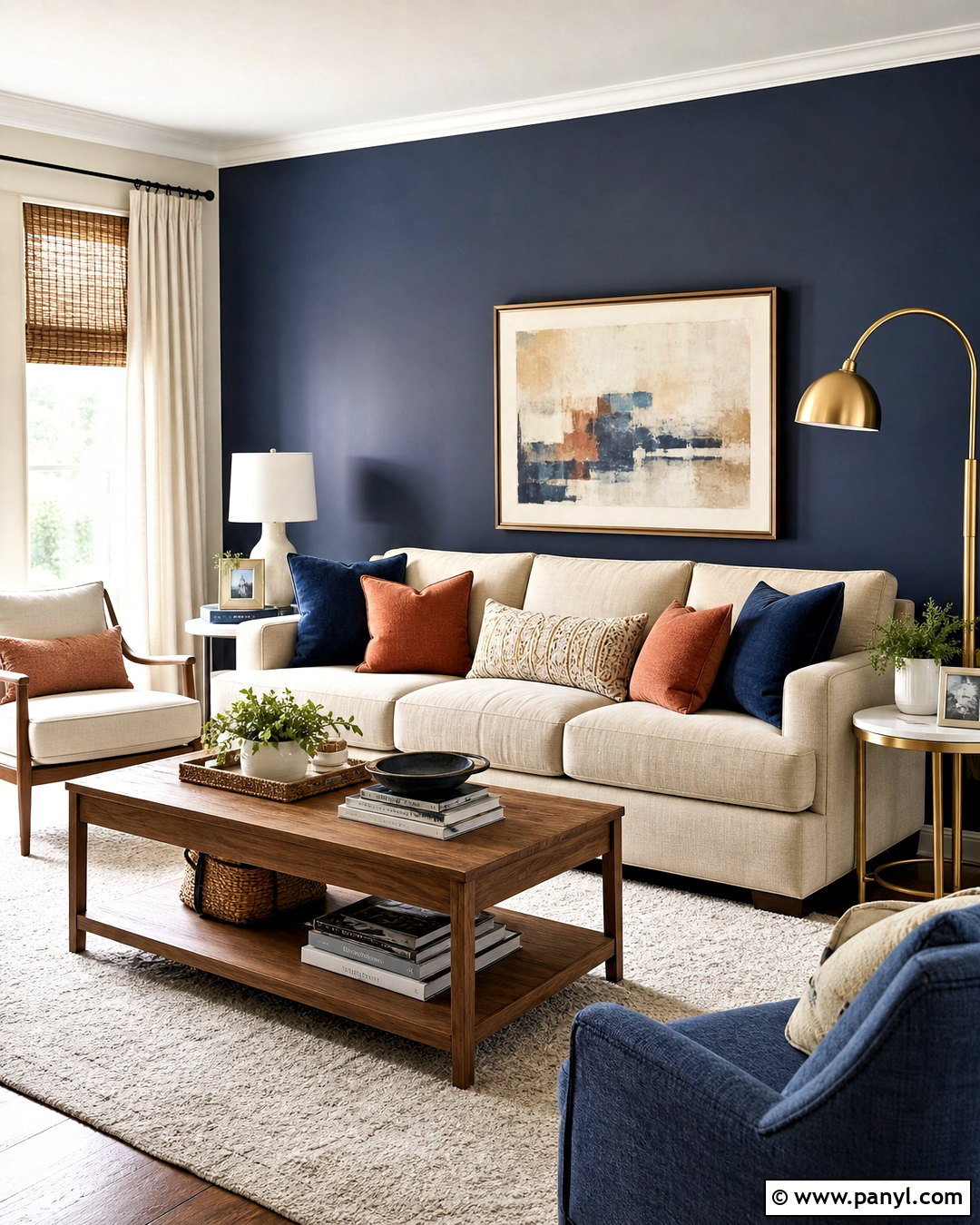 Dark Blue Accent Wall Behind Beige Sofa - 20 dark blue accent wall living room ideas
