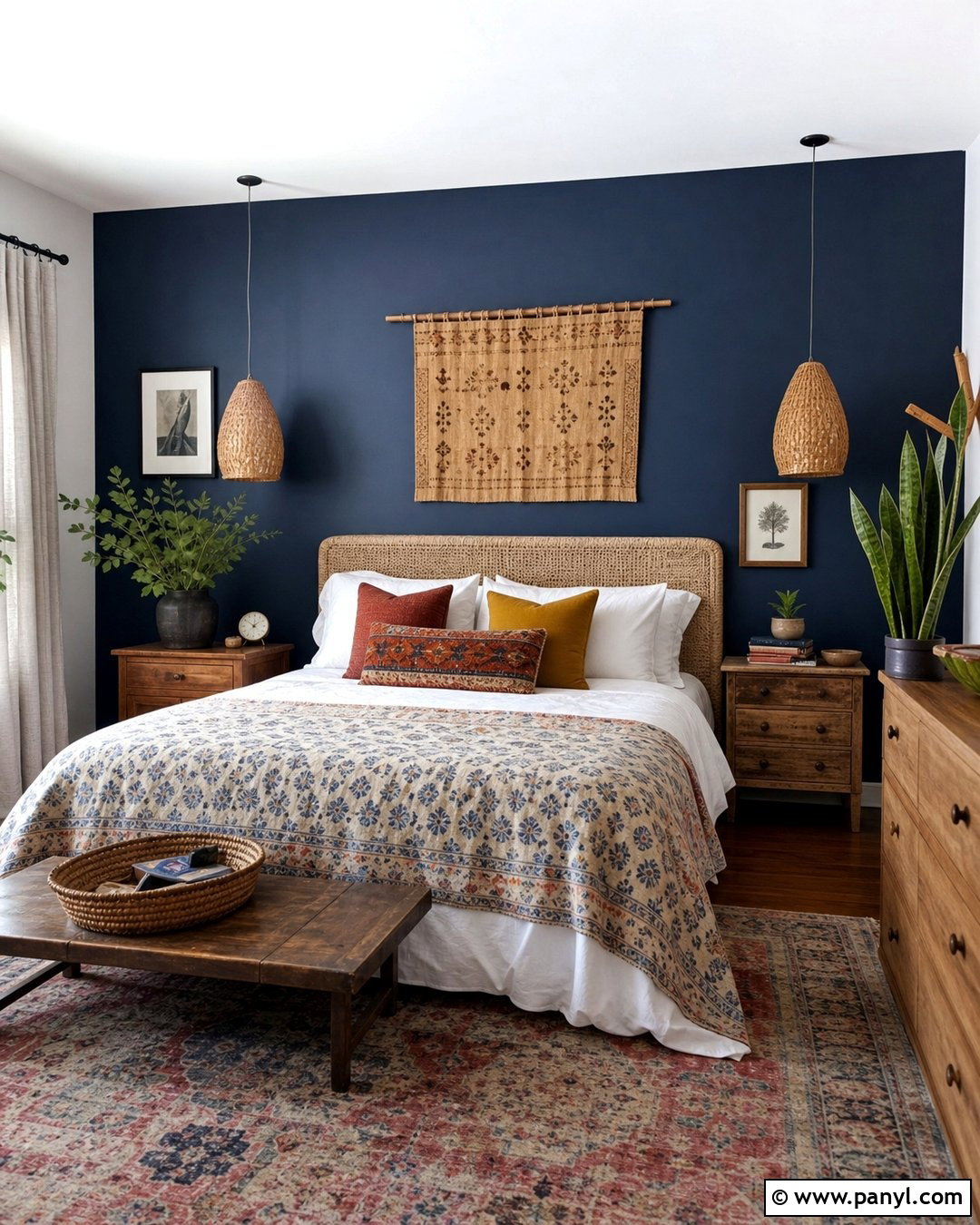 Dark Blue Accent Wall Boho Bedroom - 35 Dark Blue Accent Wall Ideas