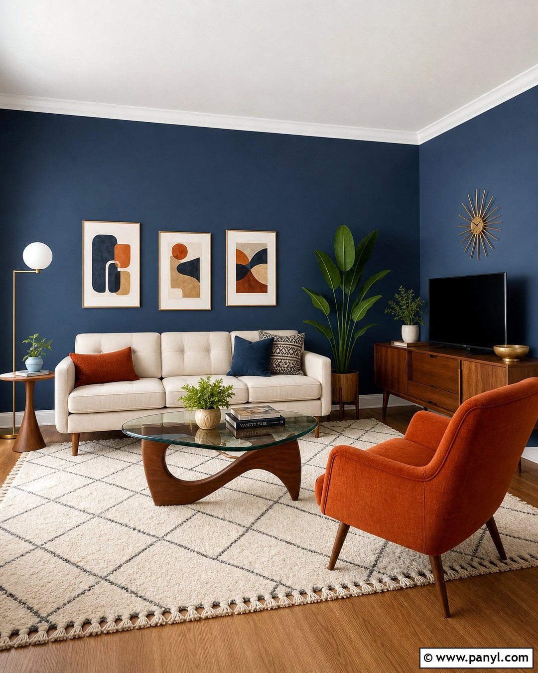 Dark Blue Accent Wall Midcentury Living Room - 35 Dark Blue Accent Wall Ideas