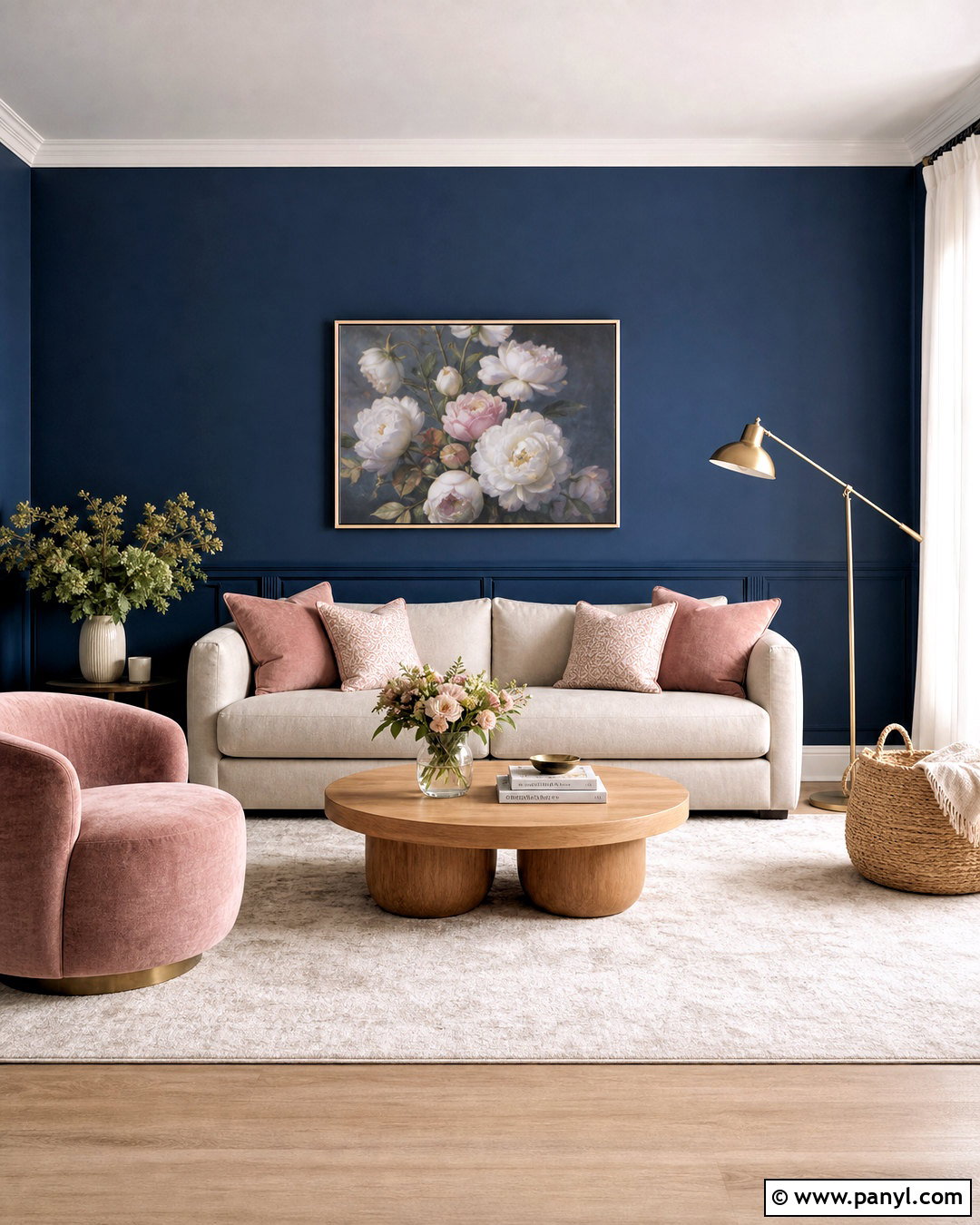 Dark Blue Accent Wall With Blush Decor - 20 dark blue accent wall living room ideas