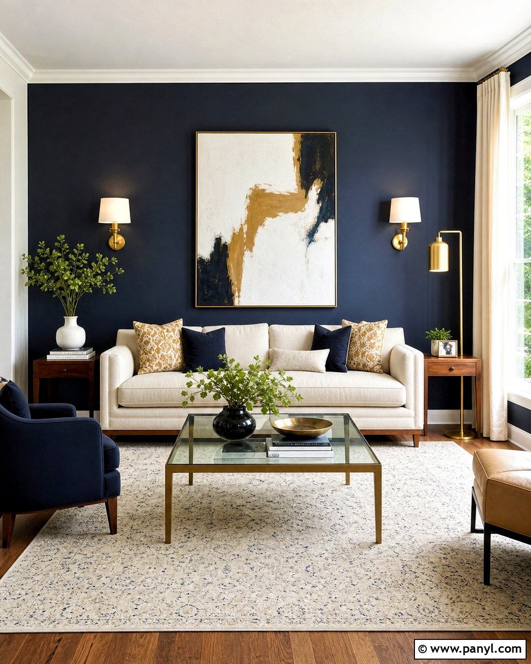 Dark Blue Accent Wall With Brass Decor - 20 dark blue accent wall living room ideas