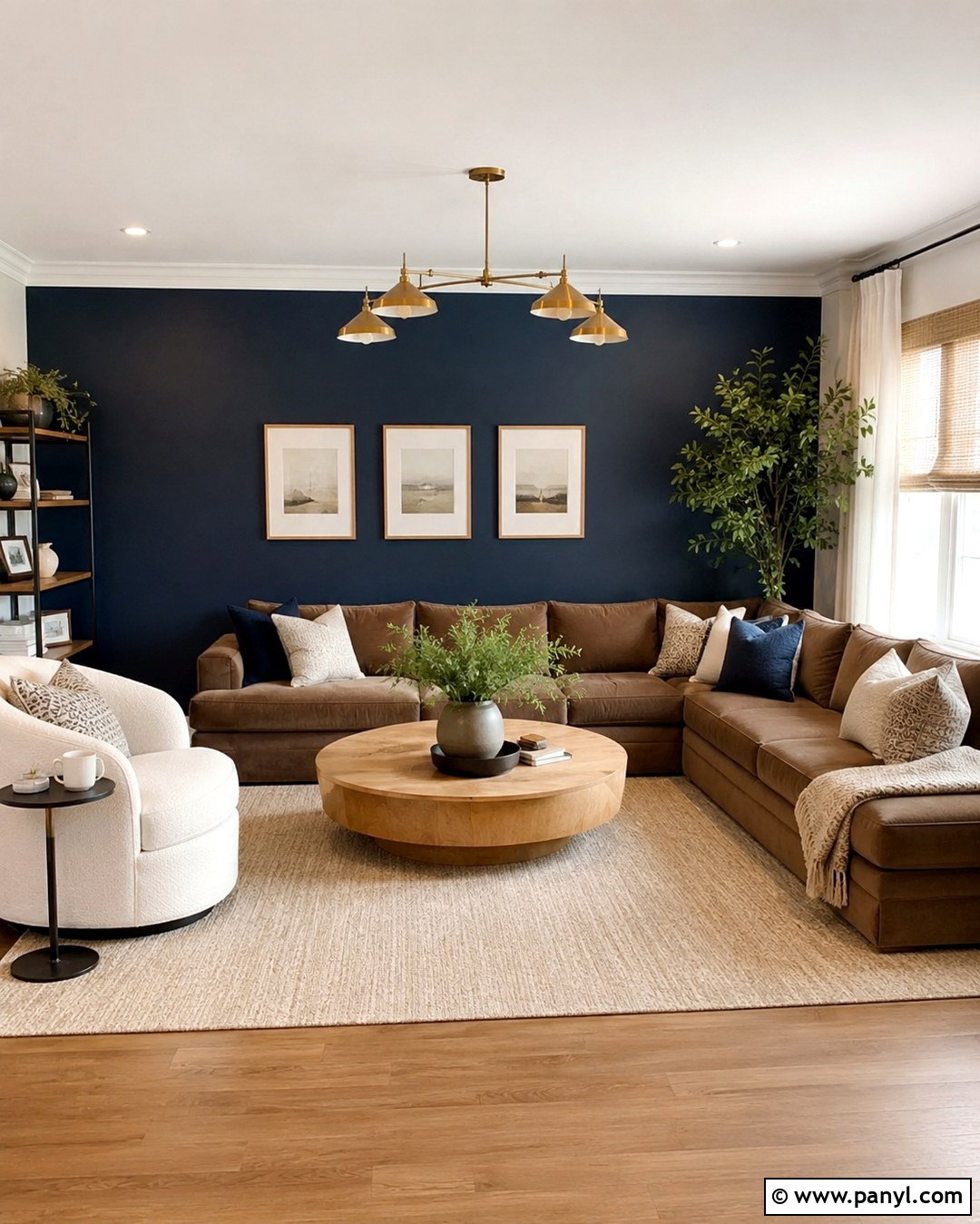Dark Blue Accent Wall With Brown Sectional - 20 Blue Wall Brown Couch Ideas
