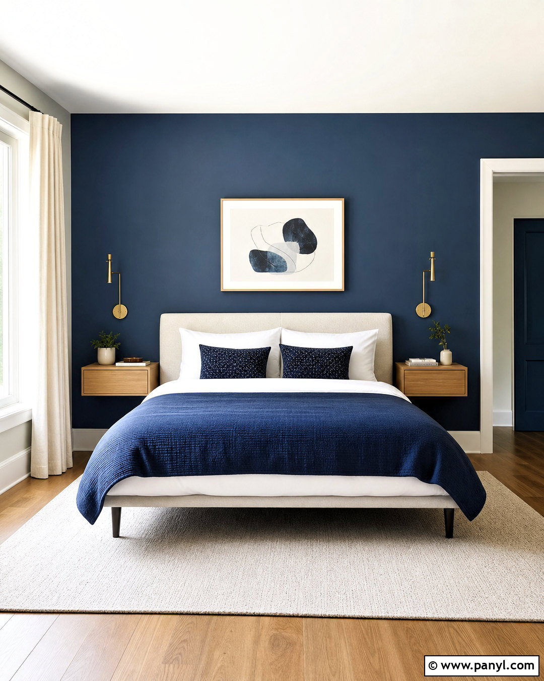 Dark Blue Accent Wall With Floating Nightstands - 20 dark blue accent wall bedroom ideas