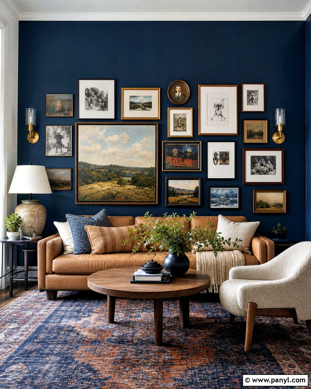 Dark Blue Accent Wall With Gallery Art - 20 dark blue accent wall living room ideas