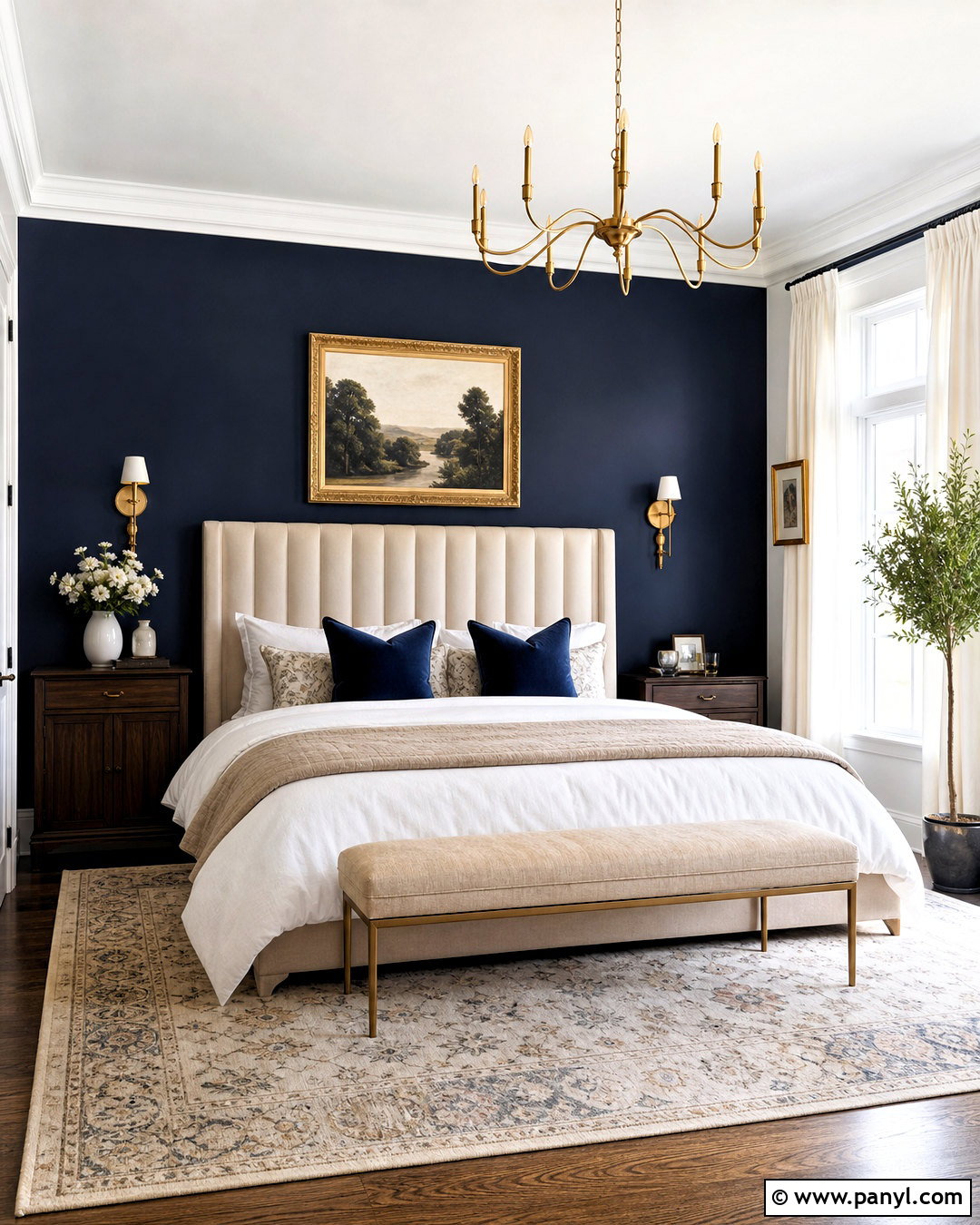 Dark Blue Accent Wall With Gold Decor - 20 dark blue accent wall bedroom ideas