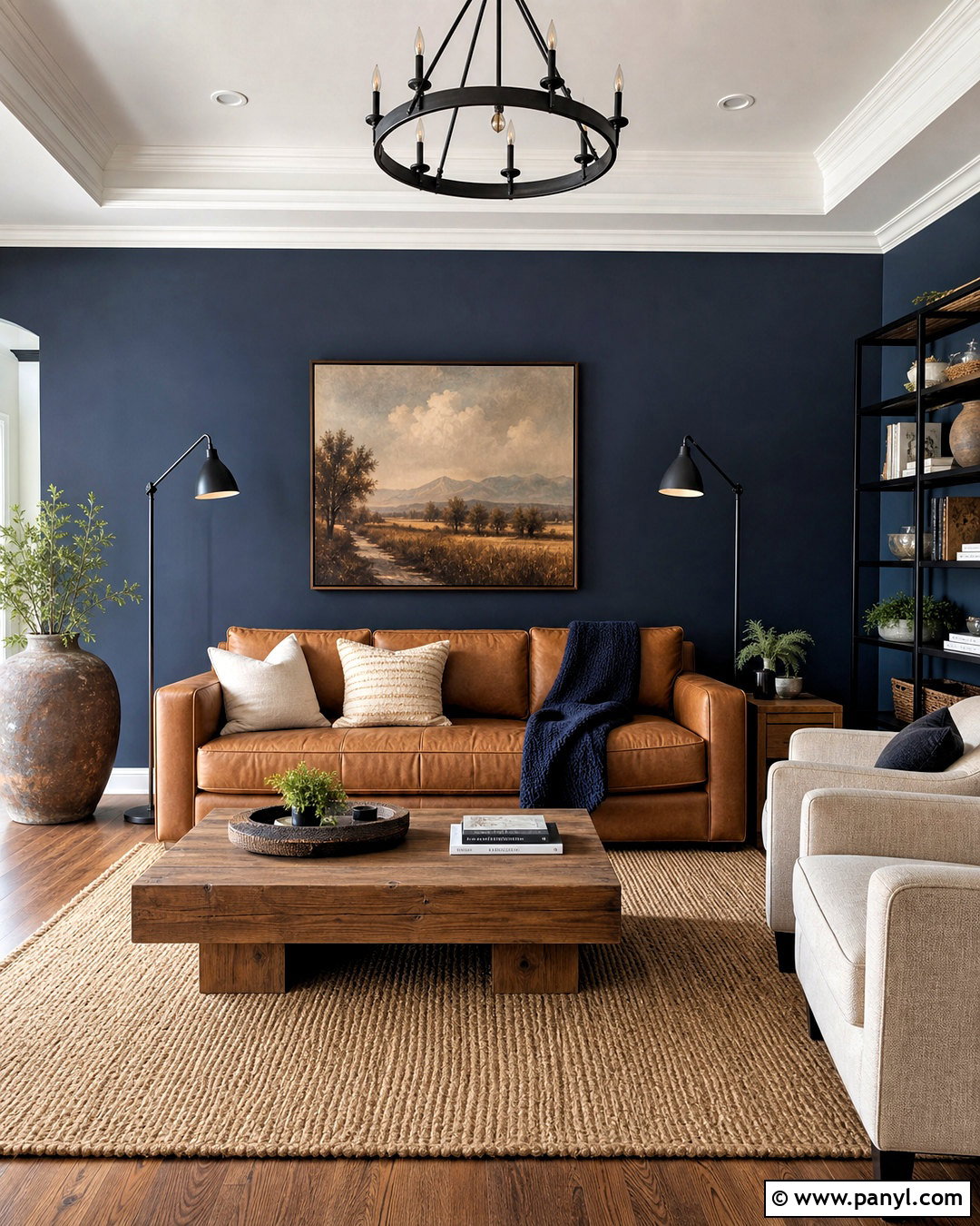 Dark Blue Accent Wall With Leather Sofa - 20 dark blue accent wall living room ideas