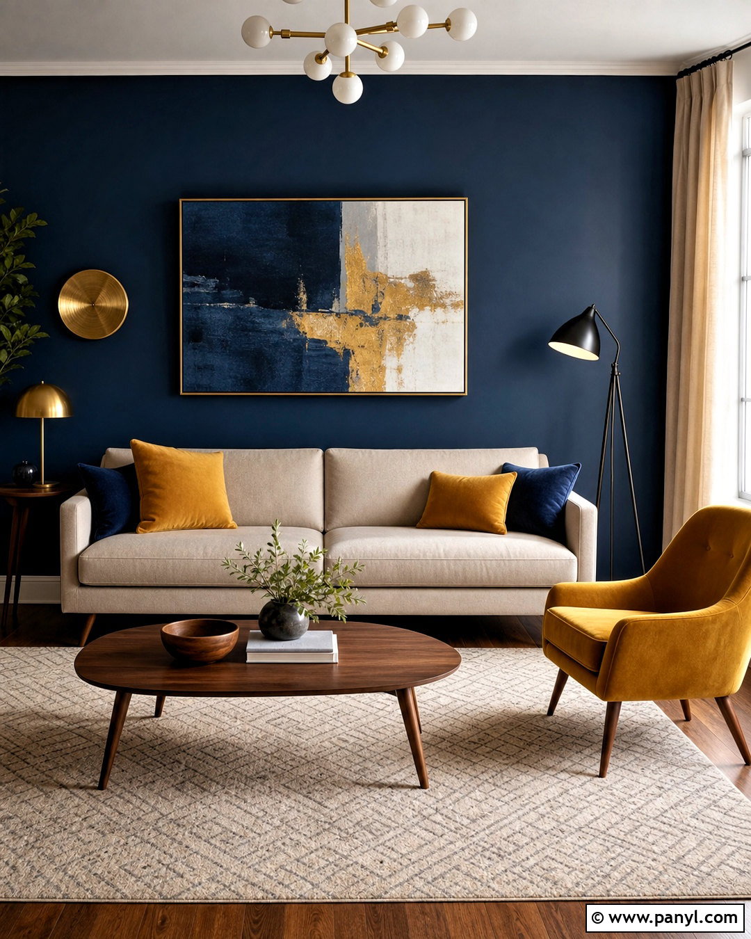 Dark Blue Accent Wall With Mustard Accents - 20 dark blue accent wall living room ideas