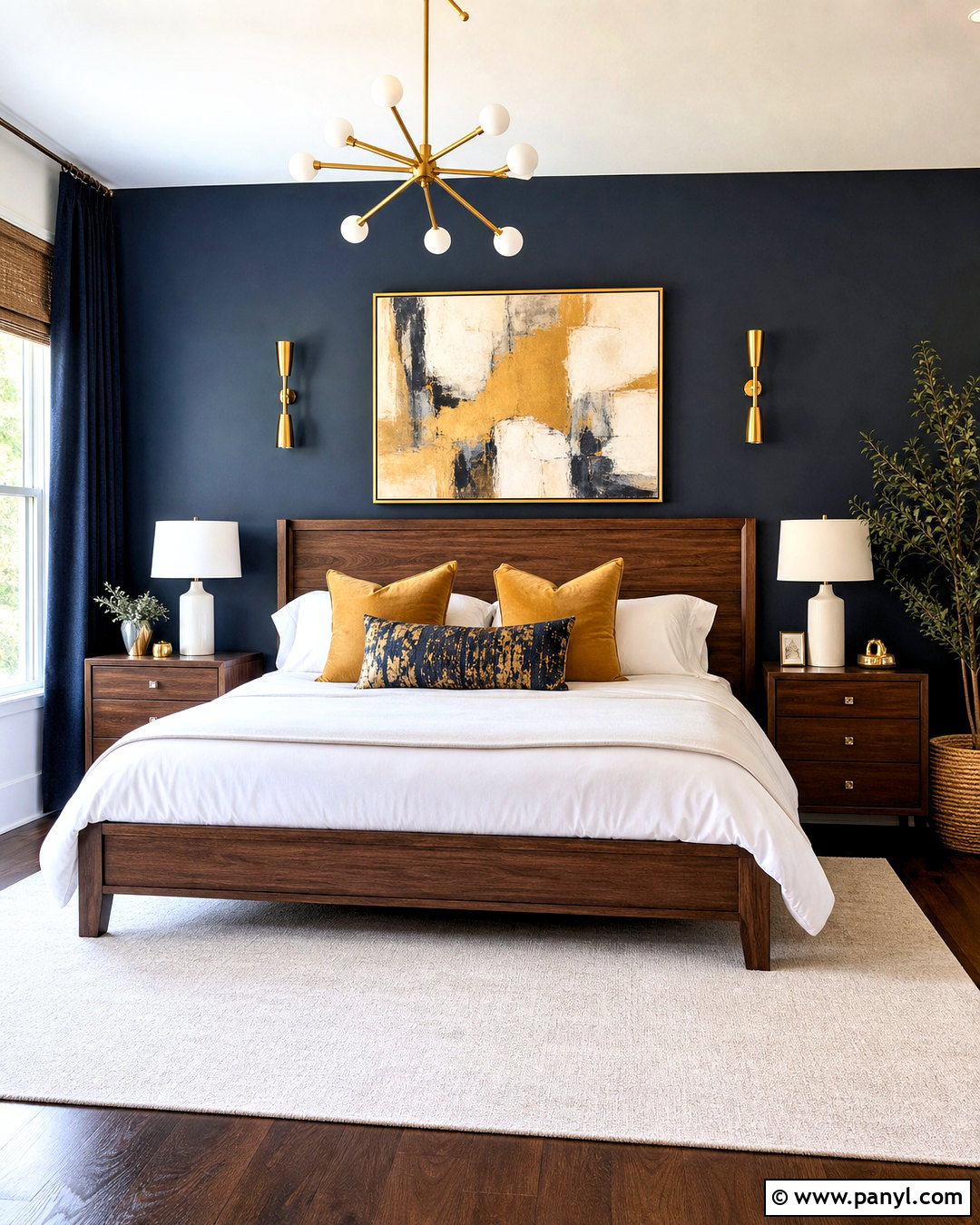 Dark Blue Accent Wall With Mustard Accents - 20 dark blue accent wall bedroom ideas