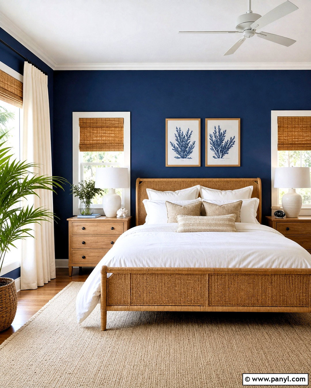 Dark Blue Accent Wall With Rattan Bed - 20 dark blue accent wall bedroom ideas