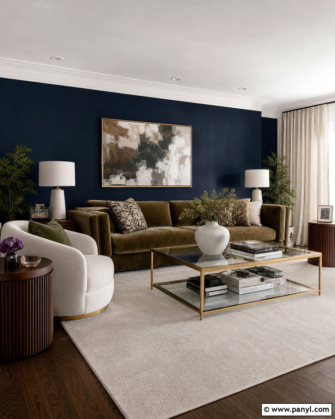 Dark Blue Accent Wall With Velvet Sofa - 35 Dark Blue Accent Wall Ideas