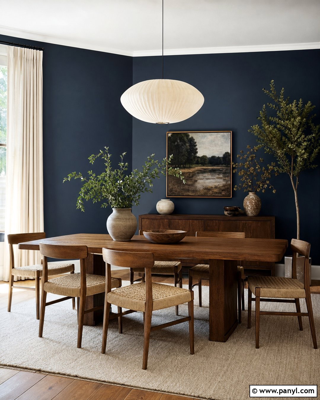 Dark Blue Accent Wall With Wood Dining Table - 35 Dark Blue Accent Wall Ideas