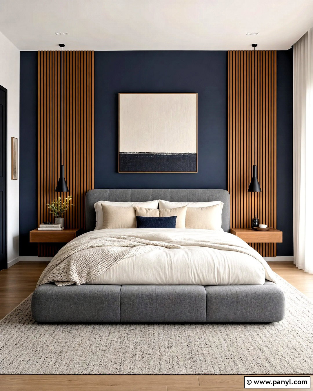 Dark Blue Accent Wall With Wood Slats - 20 dark blue accent wall bedroom ideas