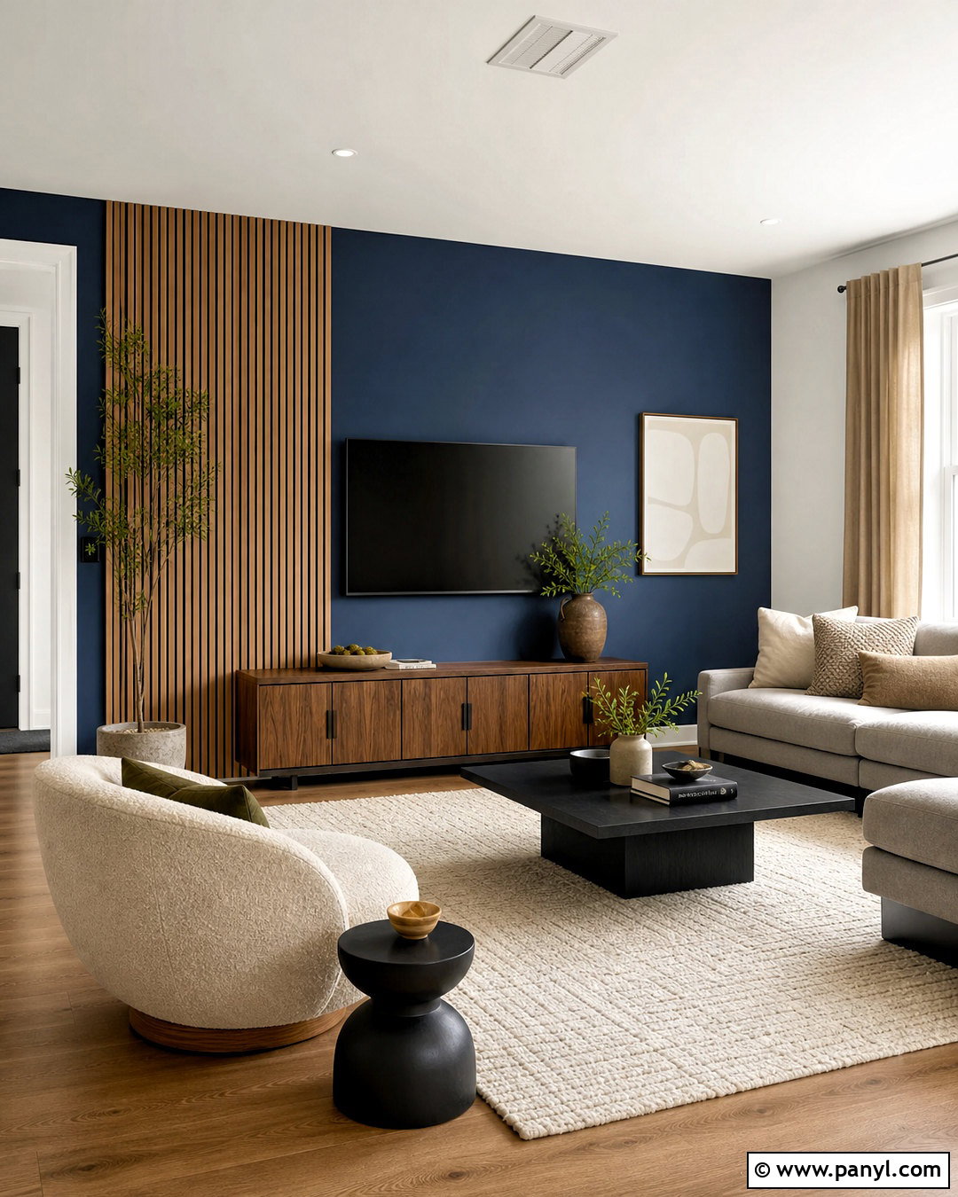 Dark Blue Accent Wall With Wood Slats - 20 dark blue accent wall living room ideas
