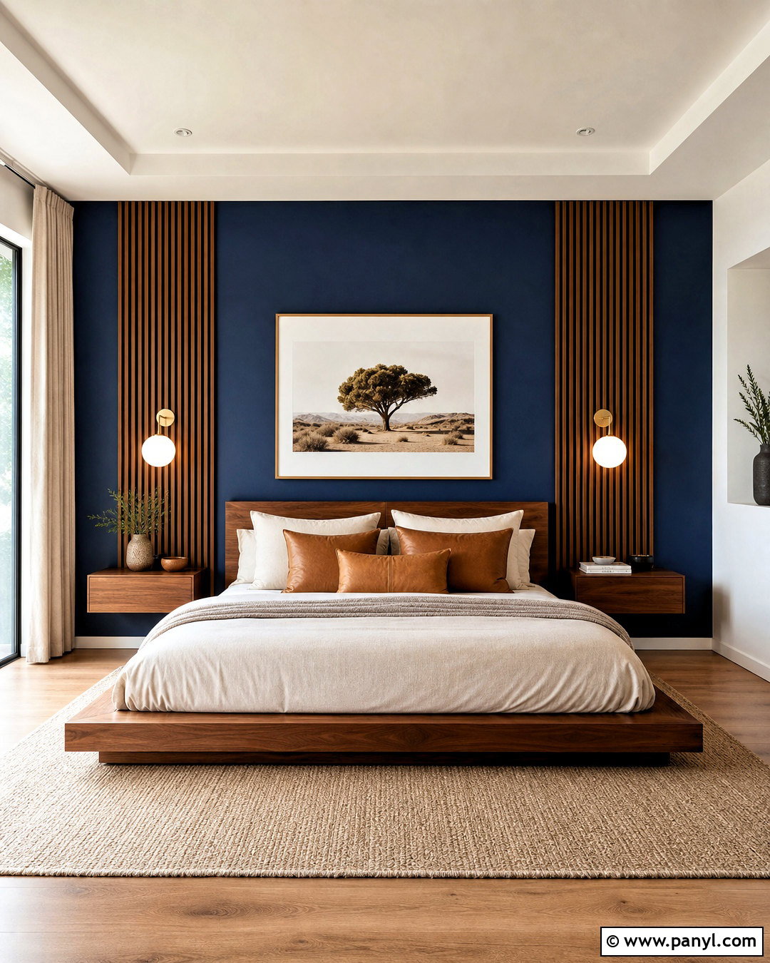 Dark Blue Accent Wall With Wood Slats - 20 bedroom blue accent wall ideas