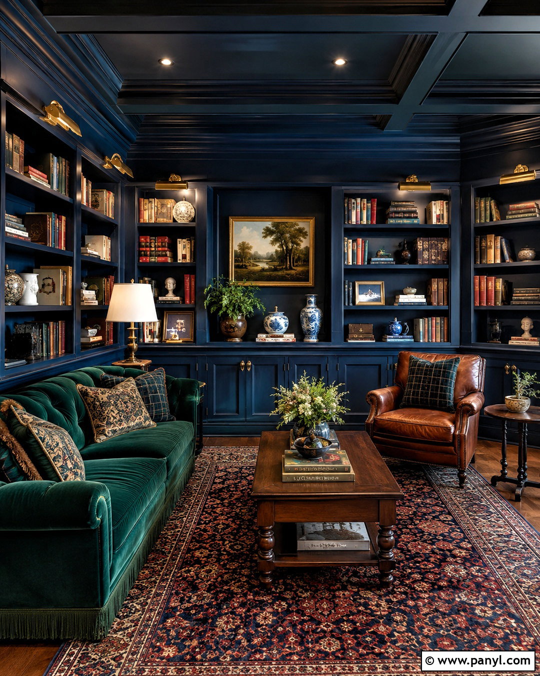 Dark Blue And Green Color Drenched Library - 20 blue and green interior design ideas