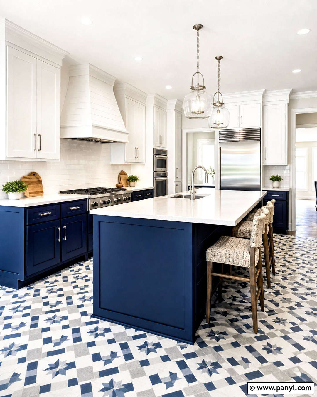 Dark Blue And White Kitchen With Patterned Floor - 20 dark blue and white kitchen ideas