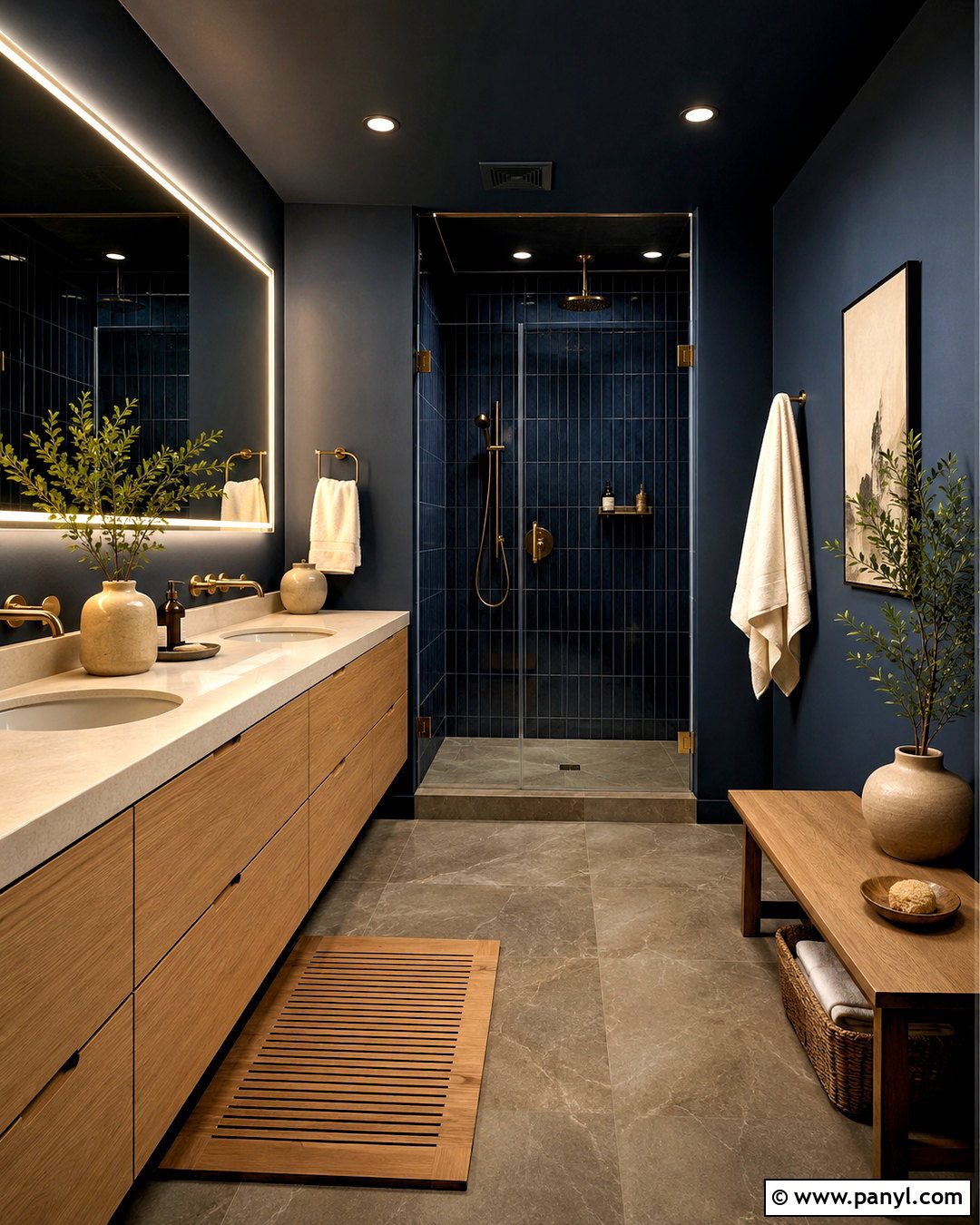 Dark Blue And Wood Bathroom - 20 moody bathroom ideas