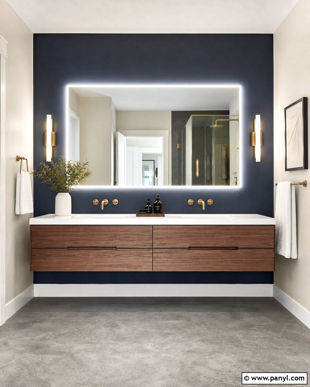 Dark Blue Bathroom Accent Wall With Wood Vanity - 20 blue accent wall bathroom ideas