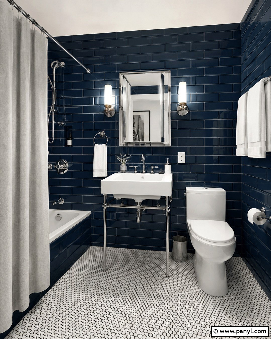 Dark Blue Bathroom Subway Tile Walls - 20 Dark Blue Wall Bathroom Ideas