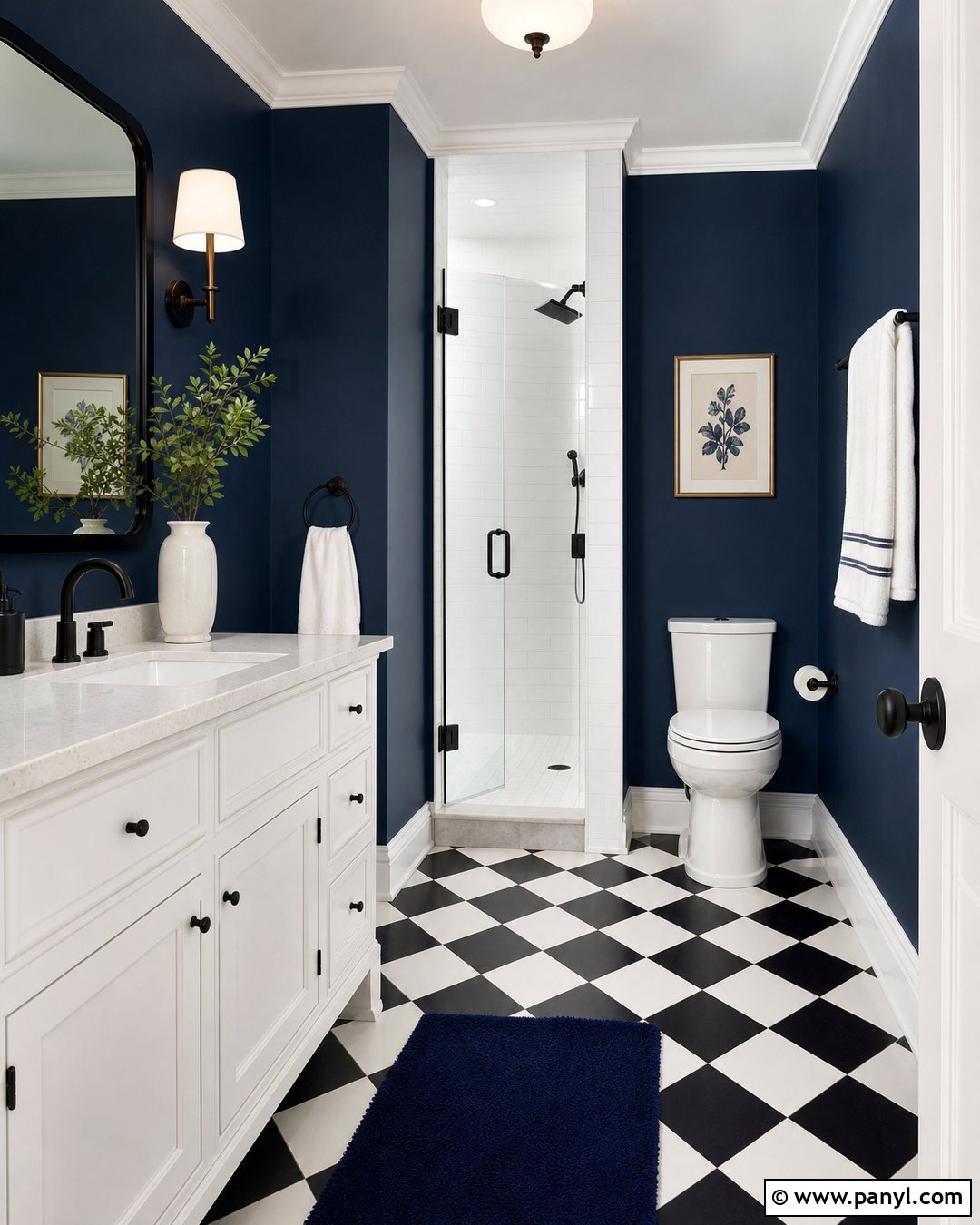 Dark Blue Bathroom With Black And White Floor - 30 Dark Blue Bathroom Walls