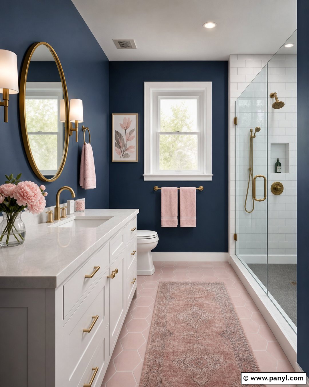 Dark Blue Bathroom With Blush Pink Accents - 30 Dark Blue Bathroom Walls