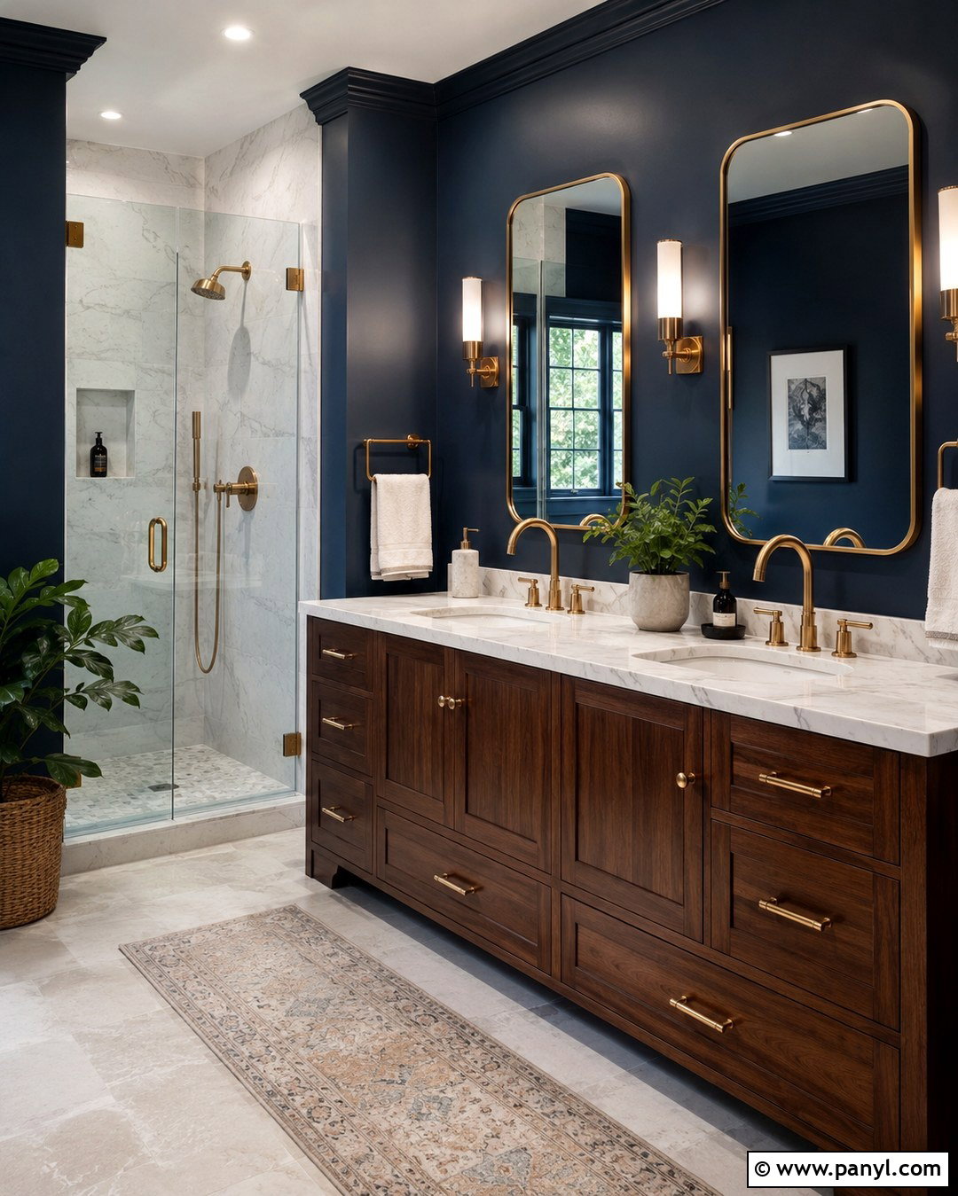 Dark Blue Bathroom With Brass Fixtures - 20 Dark Blue Wall Bathroom Ideas