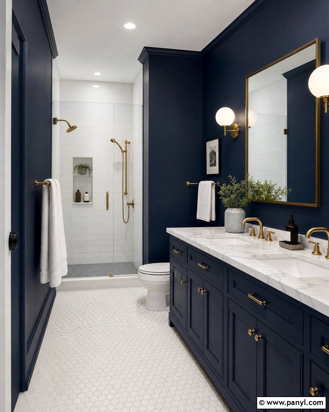 Dark Blue Bathroom With Brass Fixtures - 30 Dark Blue Bathroom Walls