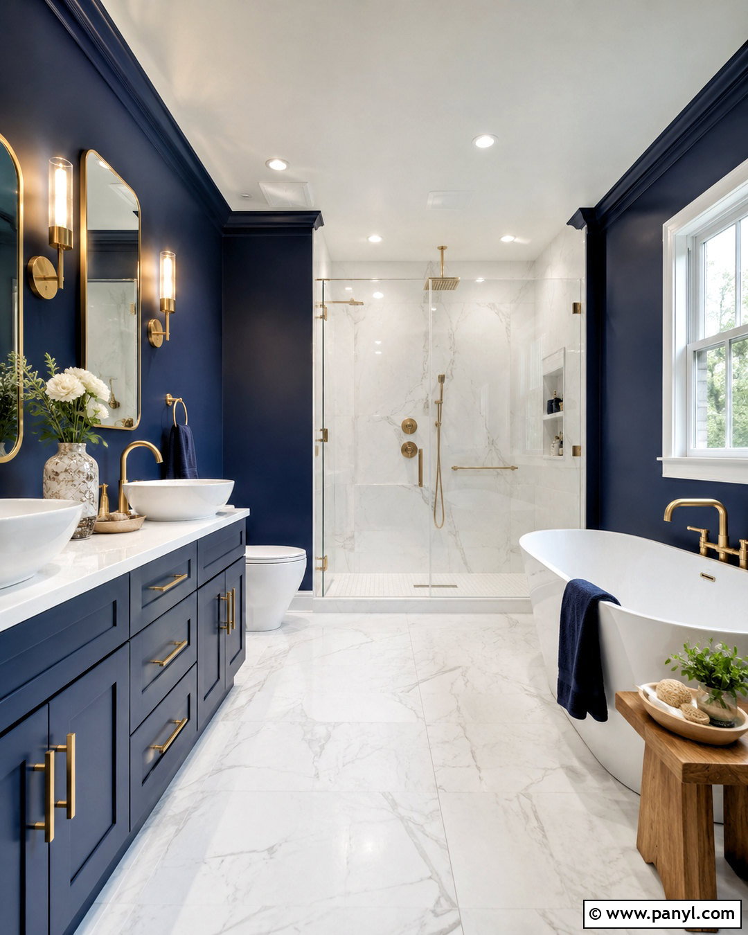 Dark Blue Bathroom With Brass Fixtures - 20 dark blue and white bathroom ideas
