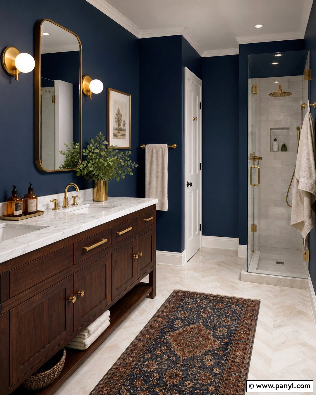 Dark Blue Bathroom With Brass Fixtures - 20 Cozy Bathroom With Blue Walls