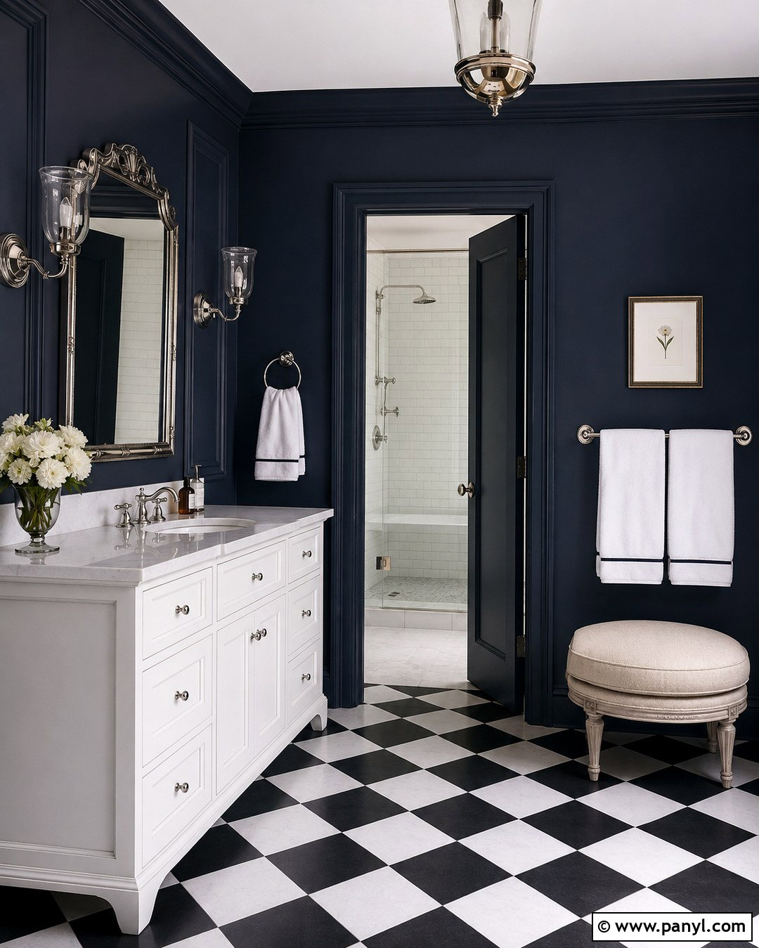 Dark Blue Bathroom With Checkered Floor - 20 Dark Blue Wall Bathroom Ideas