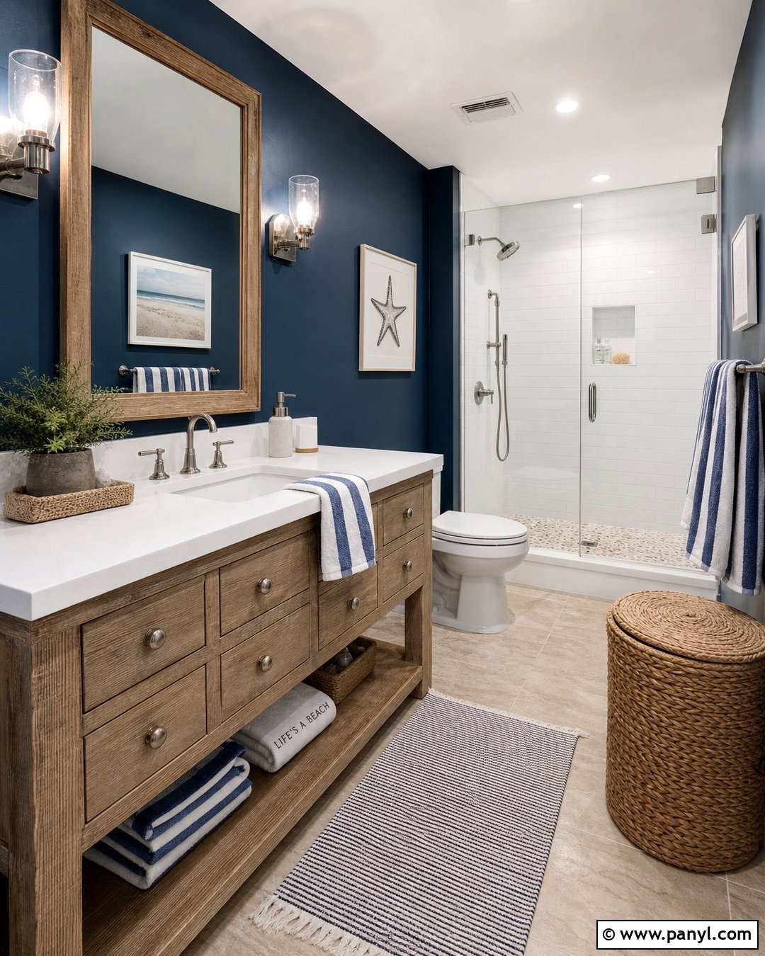 Dark Blue Bathroom With Coastal Decor - 30 Dark Blue Bathroom Walls
