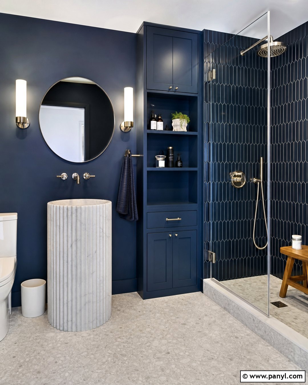 Dark Blue Bathroom With Fluted Marble Sink - 20 Modern Bathroom With Dark Walls And Marble Sink Ideas